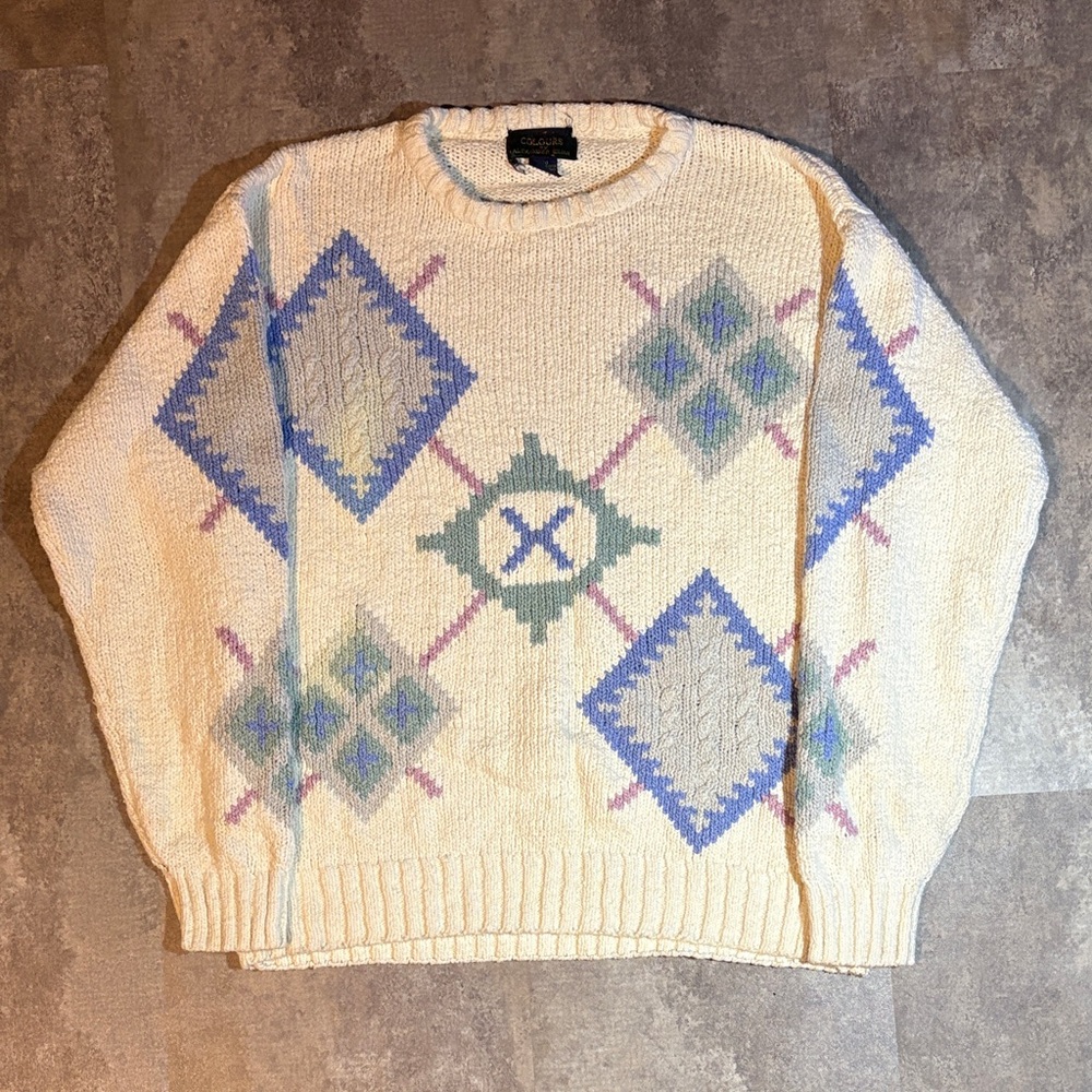 1980s Vintage 80s Diamond Knit Sweater By Alexander Julian Grandma Core Large